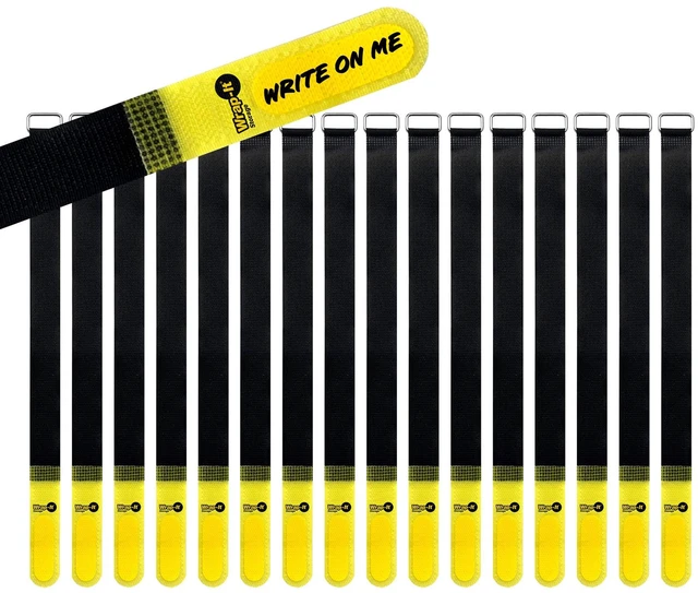 Main image of Hook and Loop Cinch-Straps 12" 16 Pack (Yellow/Black) Write on Label for Easy Cord Identification and Cable Management, Reusable Multi-Purpose Securing Cinch Straps