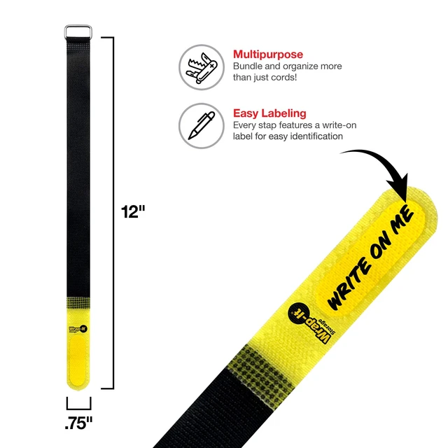 Alt view image 3 of 5 - Hook and Loop Cinch-Straps 12" 16 Pack (Yellow/Black) Write on Label for Easy Cord Identification and Cable Management, Reusable Multi-Purpose Securing Cinch Straps