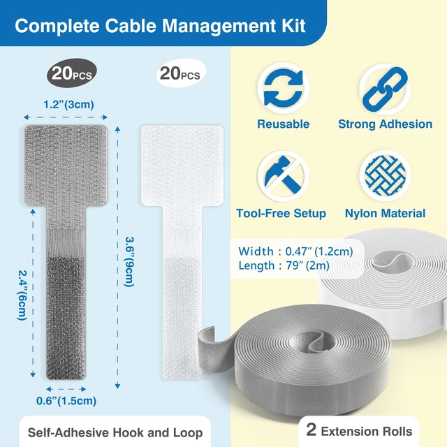 Alt view image 2 of 6 - Cable Management Kit 40 Self-Adhesive Hook & Loop Cable Ties with 2 Extension Straps, Strong Adhesive Cord Organizer for Desk, Wall, Home & Office, Adjustable Wire Holders, Grey & White