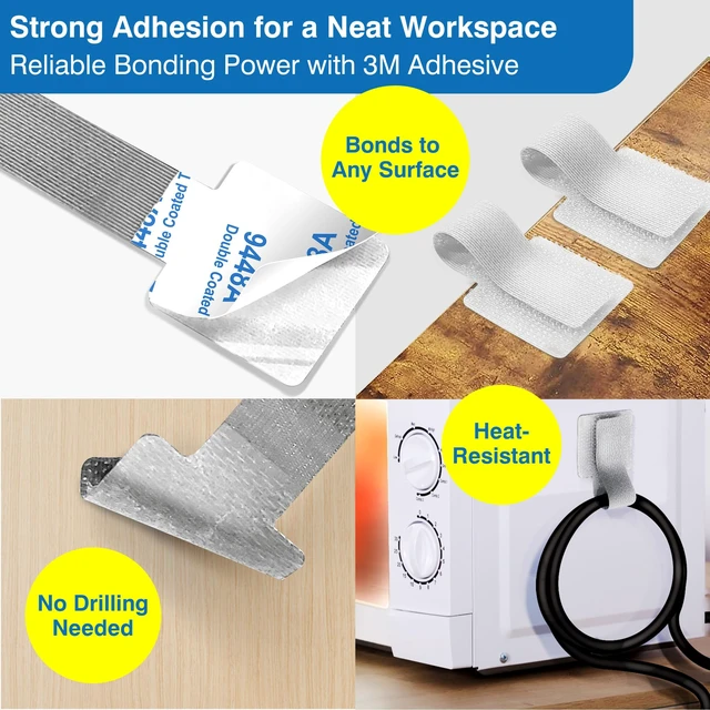 Alt view image 3 of 6 - Cable Management Kit 40 Self-Adhesive Hook & Loop Cable Ties with 2 Extension Straps, Strong Adhesive Cord Organizer for Desk, Wall, Home & Office, Adjustable Wire Holders, Grey & White