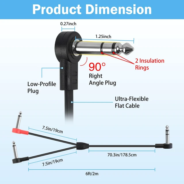 Alt view image 2 of 7 - 1/4" TRS Stereo to Dual 1/4" TS Y-Splitter Insert Cable - 6 ft 6.35mm Right Angle Male to Male Audio Cord for Amplifiers, Mixers, Studio Equipment