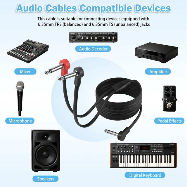 Alt view image 6 of 7 - 1/4" TRS Stereo to Dual 1/4" TS Y-Splitter Insert Cable - 6 ft 6.35mm Right Angle Male to Male Audio Cord for Amplifiers, Mixers, Studio Equipment