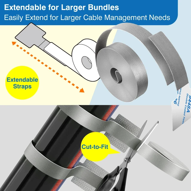 Alt view image 4 of 6 - Cable Management Kit 40 Self-Adhesive Hook & Loop Cable Ties with 2 Extension Straps, Strong Adhesive Cord Organizer for Desk, Wall, Home & Office, Adjustable Wire Holders, Grey & White