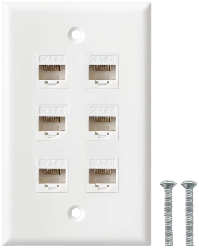 Main image of Ethernet Wall Plate, 6 Port Cat6 RJ45 Keystone Inline Coupler Wall Plate for Cat7/6/5/5e Ethernet Devices - White