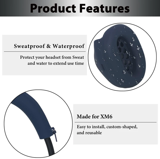 Alt view image 3 of 7 - XM6 Sweat Covers Accessories for Sony WH-1000XM6 - Dark Blue Soft Silicone Case, 2-in-1 Headphone Cover with Earpad Covers & Headband Cover, Sweatproof & Easy to Clean & Secure Fit