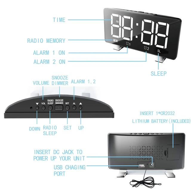 Alt view image 2 of 7 - Digital Alarm Clock with Radio 2 Alarm Setting USB Port for Charge 76.0MHZ-108.0MHZ,4 Adjustable Brightness, Snooze