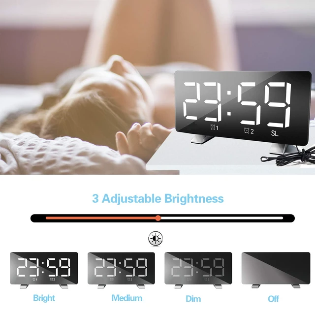 Alt view image 3 of 7 - Alarm Clock Radio for Bedroom Dual USB Charging Ports Dimmer White 7.3'' LED Screen, 4 Dimming Mode, 12/24 Hour Mode, Snooze Function