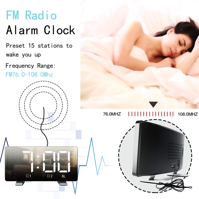Alt view image 4 of 7 - Alarm Clock Radio for Bedroom Dual USB Charging Ports Dimmer White 7.3'' LED Screen, 4 Dimming Mode, 12/24 Hour Mode, Snooze Function