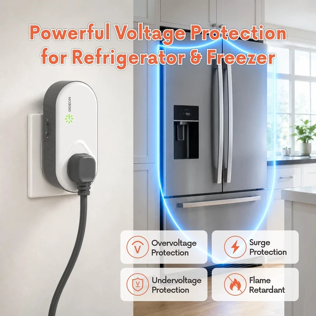 Alt view image 3 of 7 - Refrigerator Surge Protector, 1200J Voltage Protector for Fridge & Freezer, Single Outlet Wall Plug with LED Indicators, Over/Under Voltage, Brownout & Surge Protection 15A 1800W