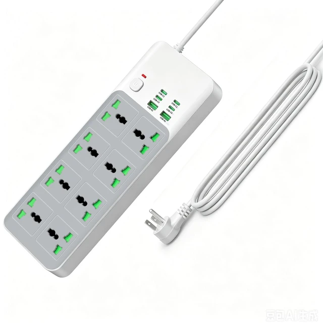 Main image of 8 Outlet Power Strip with 2 USB-A & 4 USB-C Ports, 20W Fast Charging, 6FT 45° Flat Plug Extension Cord, Wide Spacing AC Outlets, 110-265V 3000W, for Home Office Travel, White