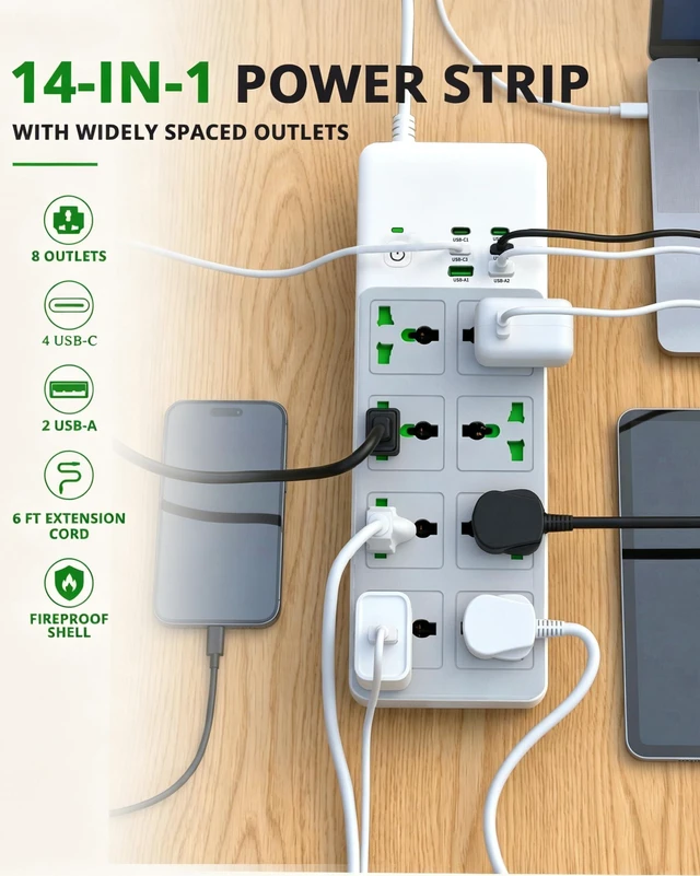 Alt view image 2 of 6 - 8 Outlet Power Strip with 2 USB-A & 4 USB-C Ports, 20W Fast Charging, 6FT 45° Flat Plug Extension Cord, Wide Spacing AC Outlets, 110-265V 3000W, for Home Office Travel, White