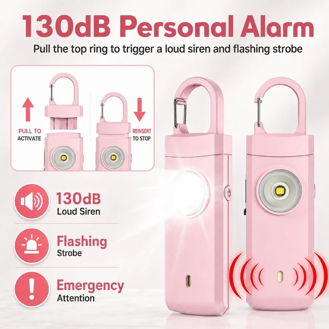 Alt view image 2 of 7 - Rechargeable Personal Alarm for Women - Travel College Dorm Essentials 130dB Keychain Alarm with Flashlight, Safety Gifts for Teen Girl, Daughter, Student, Birthday Gift Stocking Stuffers, Pink