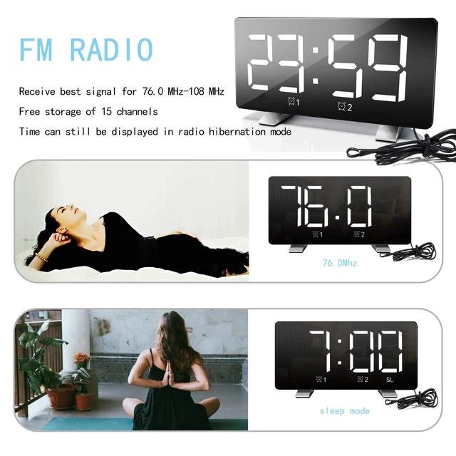 Alt view image 6 of 7 - Alarm Clock Radio for Bedroom Dual USB Charging Ports Dimmer White 7.3'' LED Screen, 4 Dimming Mode, 12/24 Hour Mode, Snooze Function
