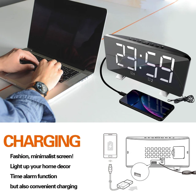 Alt view image 5 of 7 - Alarm Clock Radio for Bedroom Dual USB Charging Ports Dimmer White 7.3'' LED Screen, 4 Dimming Mode, 12/24 Hour Mode, Snooze Function