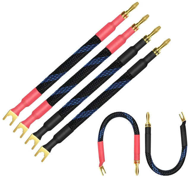 Main image of 4 x HiFi OFC Spade to Banana Plug Speaker Wire, 13AWG 21cm Speaker Jumper Cable for Amplifiers, Bi-Wire Jumper Bridge with Gold Plated Banana Plugs