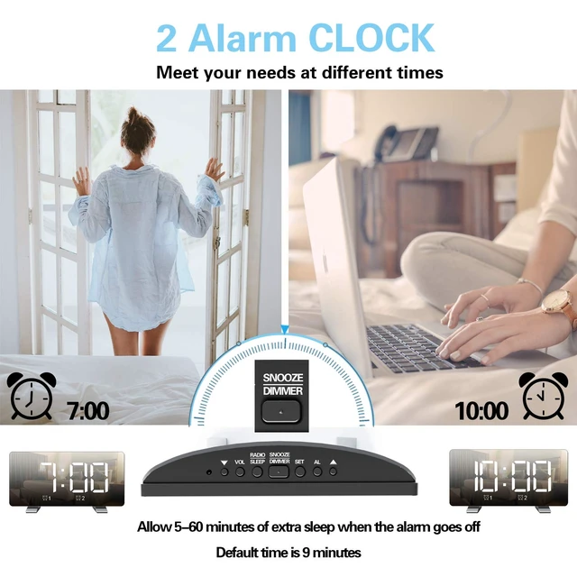 Alt view image 7 of 7 - Alarm Clock Radio for Bedroom Dual USB Charging Ports Dimmer White 7.3'' LED Screen, 4 Dimming Mode, 12/24 Hour Mode, Snooze Function