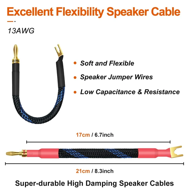 Alt view image 4 of 6 - 4 x HiFi OFC Spade to Banana Plug Speaker Wire, 13AWG 21cm Speaker Jumper Cable for Amplifiers, Bi-Wire Jumper Bridge with Gold Plated Banana Plugs