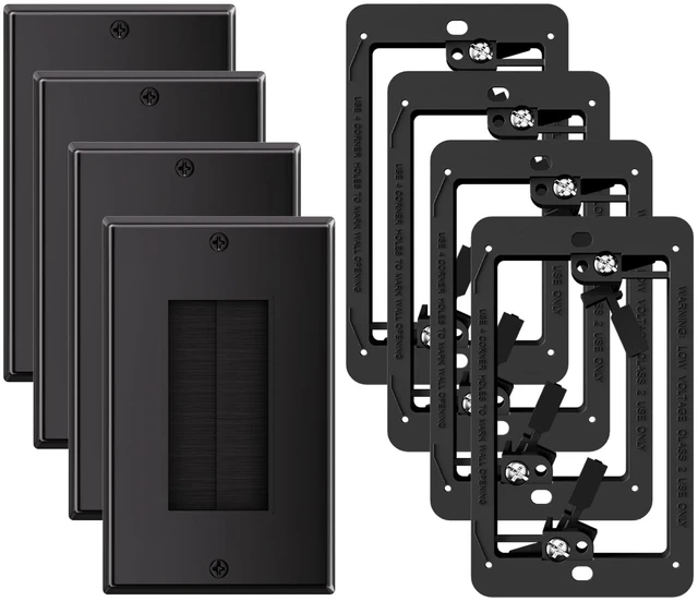 Main image of Brush Wall Plate with Mounting Bracket, 4 Pack Cable Pass Through Single Gang Cord Hider Decorator Cover for Low Voltage Wires, TV Home Theater System, Black
