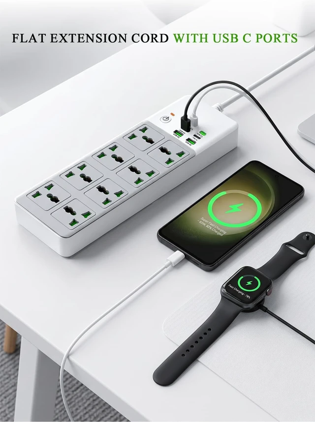 Alt view image 5 of 6 - 8 Outlet Power Strip with 2 USB-A & 4 USB-C Ports, 20W Fast Charging, 6FT 45° Flat Plug Extension Cord, Wide Spacing AC Outlets, 110-265V 3000W, for Home Office Travel, White