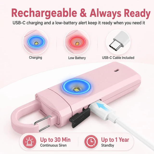 Alt view image 3 of 7 - Rechargeable Personal Alarm for Women - Travel College Dorm Essentials 130dB Keychain Alarm with Flashlight, Safety Gifts for Teen Girl, Daughter, Student, Birthday Gift Stocking Stuffers, Pink