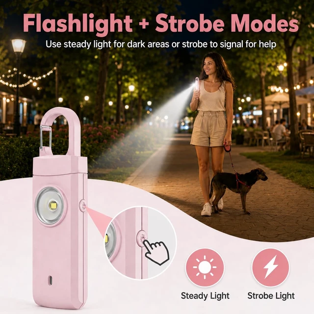 Alt view image 4 of 7 - Rechargeable Personal Alarm for Women - Travel College Dorm Essentials 130dB Keychain Alarm with Flashlight, Safety Gifts for Teen Girl, Daughter, Student, Birthday Gift Stocking Stuffers, Pink