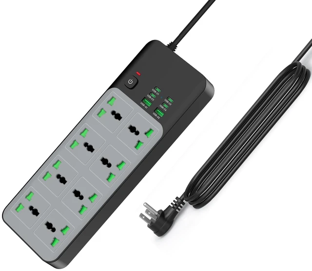 Main image of 8 Outlet Power Strip with 2 USB-A & 4 USB-C Ports, 6FT 45° Flat Plug Extension Cord, Wide Spacing AC Outlets, 110-265V 3000W, Power Adapter for Home Office Travel