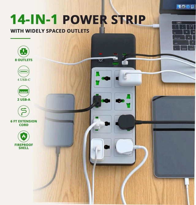Alt view image 2 of 6 - 8 Outlet Power Strip with 2 USB-A & 4 USB-C Ports, 6FT 45° Flat Plug Extension Cord, Wide Spacing AC Outlets, 110-265V 3000W, Power Adapter for Home Office Travel