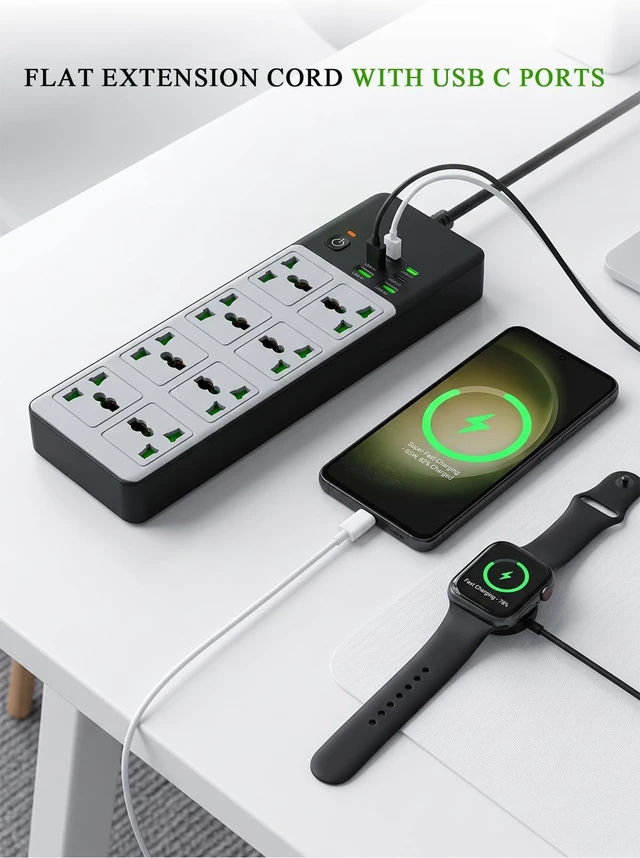 Alt view image 5 of 6 - 8 Outlet Power Strip with 2 USB-A & 4 USB-C Ports, 6FT 45° Flat Plug Extension Cord, Wide Spacing AC Outlets, 110-265V 3000W, Power Adapter for Home Office Travel