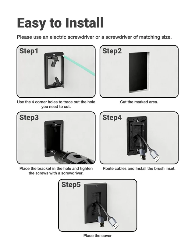 Alt view image 5 of 7 - Brush Wall Plate with Mounting Bracket, 4 Pack Cable Pass Through Single Gang Cord Hider Decorator Cover for Low Voltage Wires, TV Home Theater System, Black