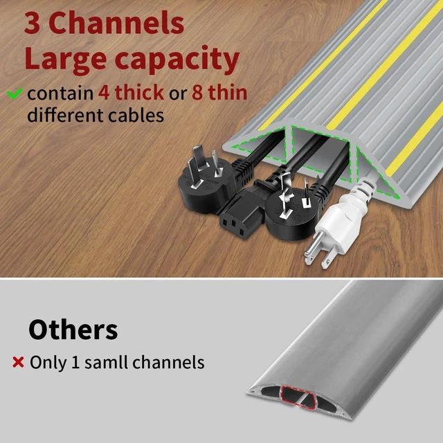Alt view image 3 of 7 - Floor Cord Cover 3.3 ft, Cord Covers for Wires on Floor, Extension Cable Cover 3 Channels Cord Hider Floor Cable Management, Heavy Duty PVC Duct, Gray