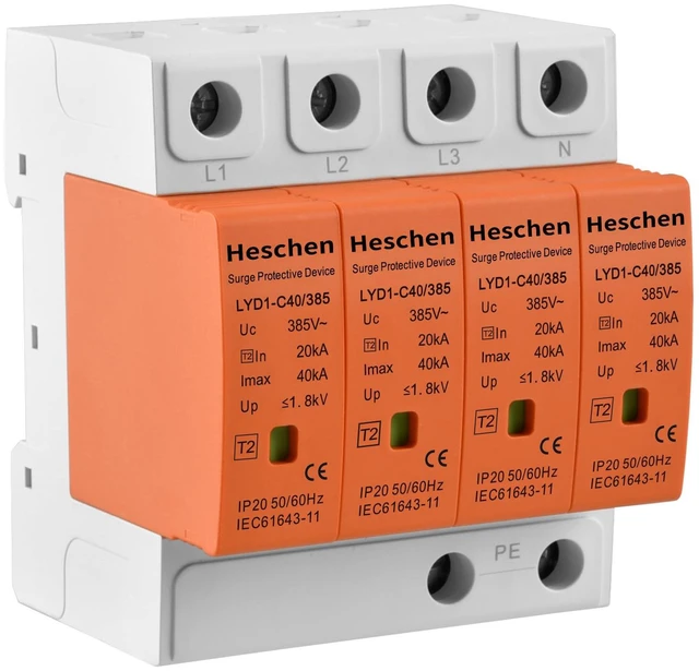 Main image of 4P AC Surge Protector 385V 40kA Type 2 SPD DIN Rail Arrester Flame-retardant 4-pole plug-in module defends 3-phase distribution boxes and off-grid panels against lightning strikes
