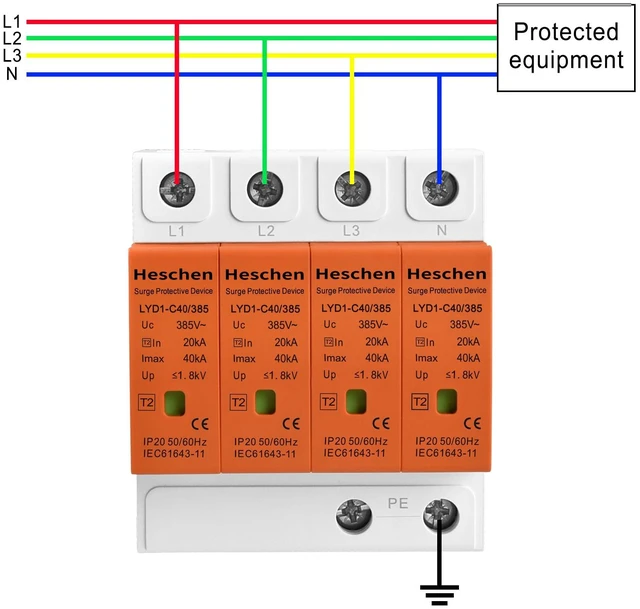 Alt view image 3 of 7 - 4P AC Surge Protector 385V 40kA Type 2 SPD DIN Rail Arrester Flame-retardant 4-pole plug-in module defends 3-phase distribution boxes and off-grid panels against lightning strikes