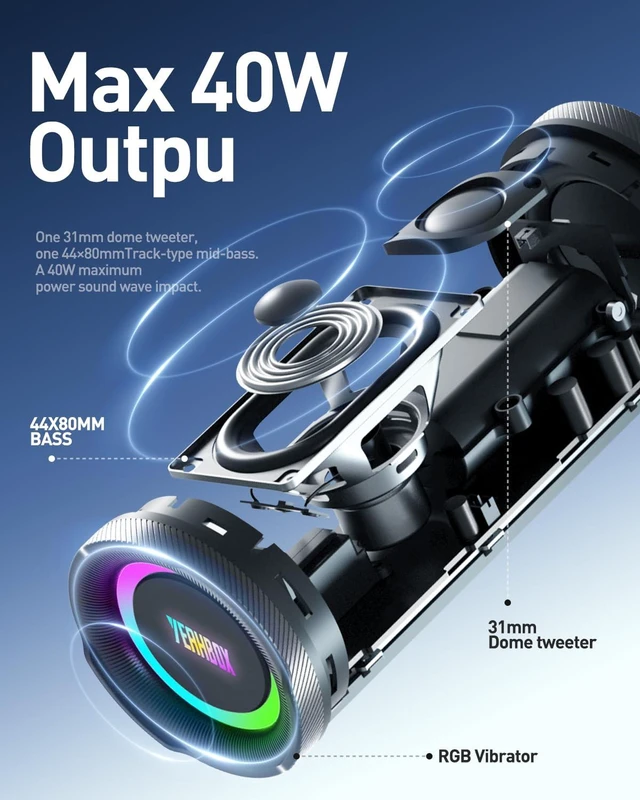 Alt view image 7 of 7 - P40 40W Bluetooth Speaker, Hi-Fi Sound, IP67, RGB, Black 40W Hi-Fi sound with dome tweeter, track bass driver, IP67 waterproofing, RGB lights and TWS pairing