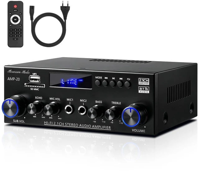 Main image of AMP-20 2.1 Home Audio Amplifier for Passive Speakers Bluetooth 5.0, Passive Subwoofer Output, Dual Mic Echo, FM Radio, USB/SD/AUX, Bass Treble Control, Remote Control