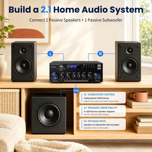 Alt view image 2 of 7 - AMP-20 2.1 Home Audio Amplifier for Passive Speakers Bluetooth 5.0, Passive Subwoofer Output, Dual Mic Echo, FM Radio, USB/SD/AUX, Bass Treble Control, Remote Control
