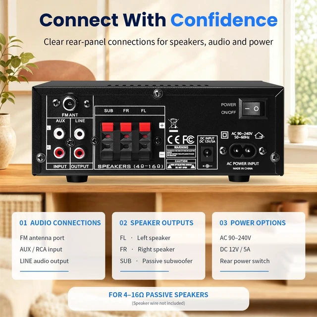 Alt view image 3 of 7 - AMP-20 2.1 Home Audio Amplifier for Passive Speakers Bluetooth 5.0, Passive Subwoofer Output, Dual Mic Echo, FM Radio, USB/SD/AUX, Bass Treble Control, Remote Control