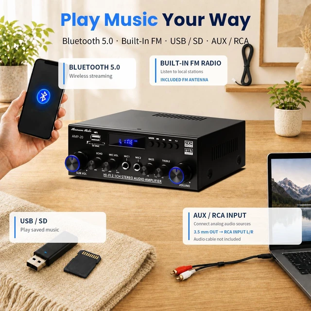 Alt view image 4 of 7 - AMP-20 2.1 Home Audio Amplifier for Passive Speakers Bluetooth 5.0, Passive Subwoofer Output, Dual Mic Echo, FM Radio, USB/SD/AUX, Bass Treble Control, Remote Control