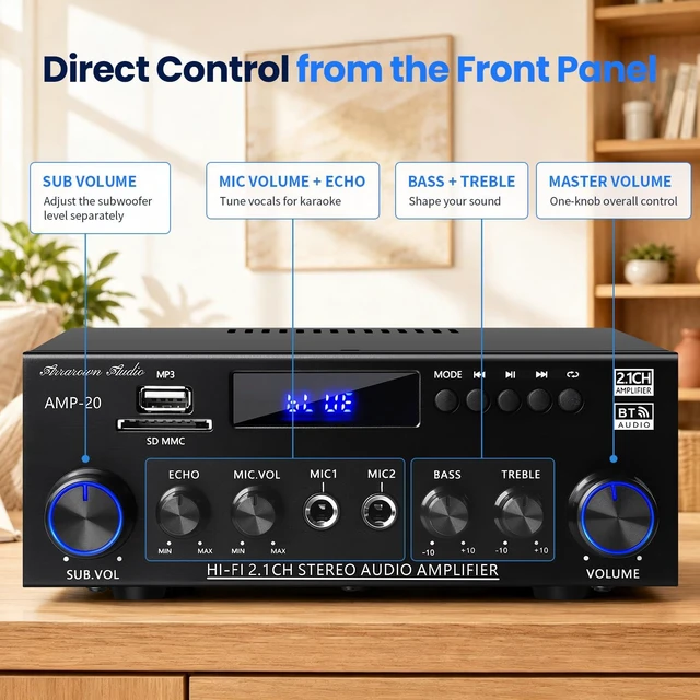 Alt view image 5 of 7 - AMP-20 2.1 Home Audio Amplifier for Passive Speakers Bluetooth 5.0, Passive Subwoofer Output, Dual Mic Echo, FM Radio, USB/SD/AUX, Bass Treble Control, Remote Control