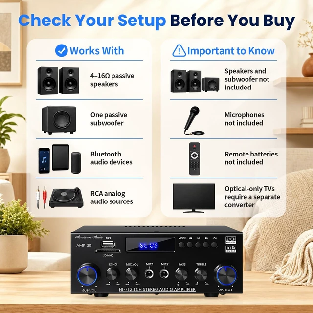 Alt view image 6 of 7 - AMP-20 2.1 Home Audio Amplifier for Passive Speakers Bluetooth 5.0, Passive Subwoofer Output, Dual Mic Echo, FM Radio, USB/SD/AUX, Bass Treble Control, Remote Control