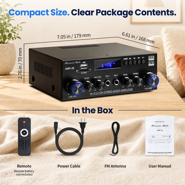 Alt view image 7 of 7 - AMP-20 2.1 Home Audio Amplifier for Passive Speakers Bluetooth 5.0, Passive Subwoofer Output, Dual Mic Echo, FM Radio, USB/SD/AUX, Bass Treble Control, Remote Control