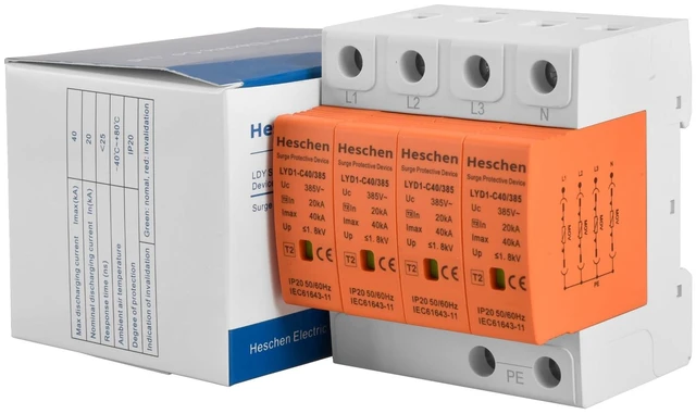 Alt view image 6 of 7 - 4P AC Surge Protector 385V 40kA Type 2 SPD DIN Rail Arrester Flame-retardant 4-pole plug-in module defends 3-phase distribution boxes and off-grid panels against lightning strikes