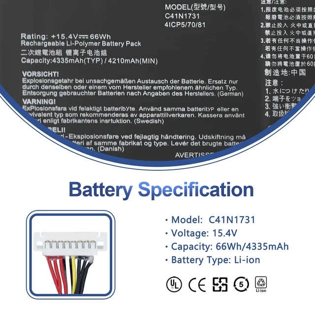 Alt view image 3 of 6 - C41N1731 Laptop Battery for Asus ROG Strix Scar II GL504 GL504GW GL504GS GL504GM GL504GV G515 G515GV G515GW G715GV G715GW GL504GW-DS74 Series C41PNC5 4CIP5/70/81 15.4V 66Wh
