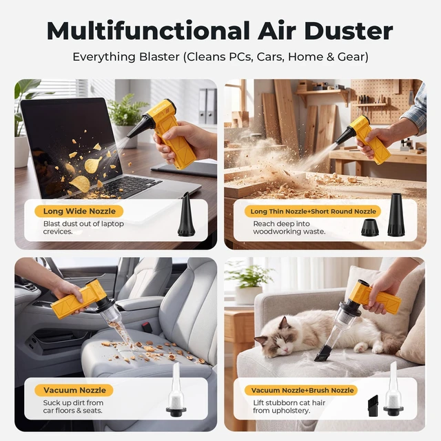 Alt view image 6 of 7 - Compressed Air Duster & Vacuum, 2-in-1 Electric Air Duster 130000RPM, 4-Speed Adjustable, Rechargeable Cordless Air Blower with LCD Display for PC, Keyboard, Car, Home & Outdoor
