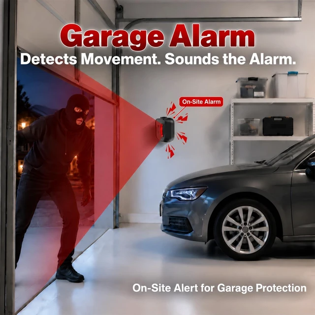 Alt view image 2 of 7 - Garage Alarm, Motion Sensor Alarm Indoor with 196FT Remote Control Motion Detector Alarm for Sheds, RVs & Vans; Motion Sensor Door Chime for Store & Home Entrances; Easy Setup, No WiFi