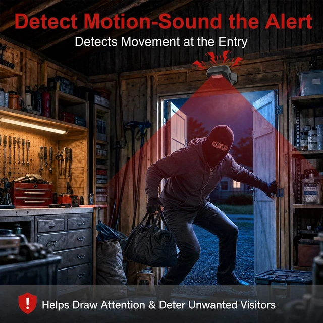 Alt view image 3 of 7 - Garage Alarm, Motion Sensor Alarm Indoor with 196FT Remote Control Motion Detector Alarm for Sheds, RVs & Vans; Motion Sensor Door Chime for Store & Home Entrances; Easy Setup, No WiFi