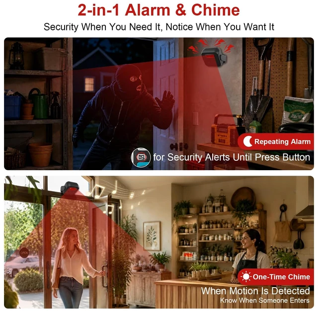 Alt view image 4 of 7 - Garage Alarm, Motion Sensor Alarm Indoor with 196FT Remote Control Motion Detector Alarm for Sheds, RVs & Vans; Motion Sensor Door Chime for Store & Home Entrances; Easy Setup, No WiFi
