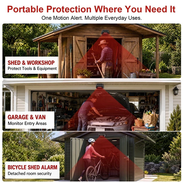 Alt view image 5 of 7 - Garage Alarm, Motion Sensor Alarm Indoor with 196FT Remote Control Motion Detector Alarm for Sheds, RVs & Vans; Motion Sensor Door Chime for Store & Home Entrances; Easy Setup, No WiFi