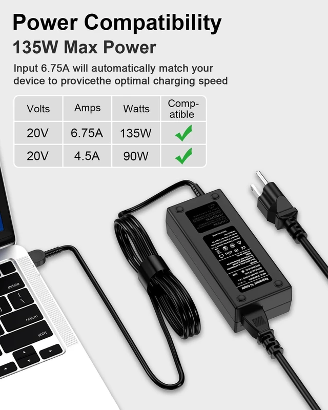 Alt view image 5 of 7 - 135W Charger Compatible with ADL135NLC3A ADL135NDC3A Compatible with Legion Y50 Y520 Y530 ThinkPad T440p T540p T570 IdeaPad Y40-70 Y50-70 Y700 20V 6.75A AC Adapter