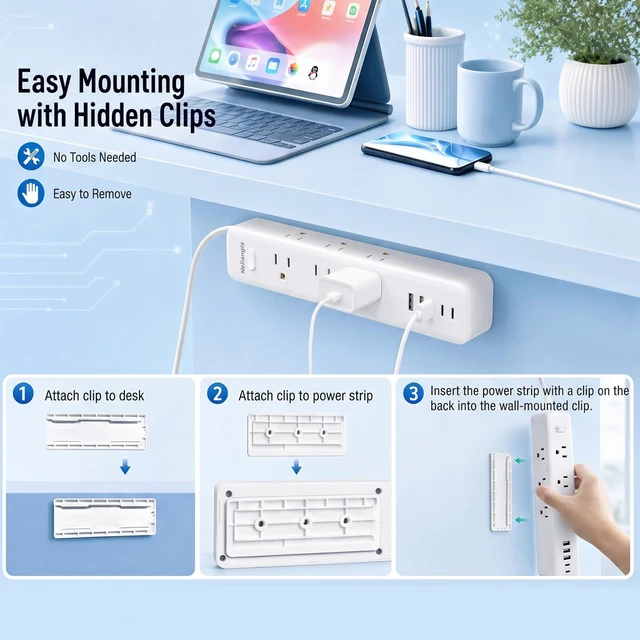 Alt view image 3 of 7 - Surge Protector Power Strip with 9 Outlets and 5 USB Ports (2 USB C), Extension Cord with Multiple Outlets, Flat Plug Power Strip 10 Ft Long for Home Office Desktop (White, 10FT)