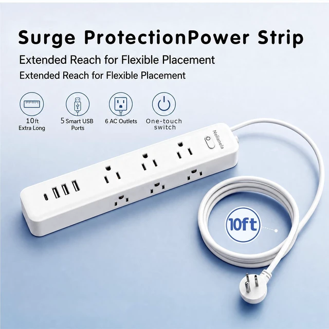 Alt view image 2 of 7 - Surge Protector Power Strip with 9 Outlets and 5 USB Ports (2 USB C), Extension Cord with Multiple Outlets, Flat Plug Power Strip 10 Ft Long for Home Office Desktop (White, 10FT)